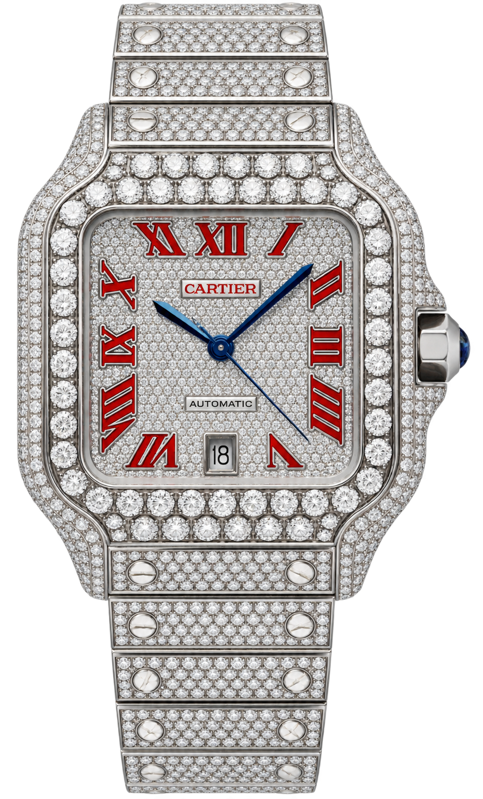 Cartier Santos featuring a fully pavé-style dial, diamond-set bezel, case, and bracelet, accented with bold red Roman numerals and Cartier-style blue hands.
