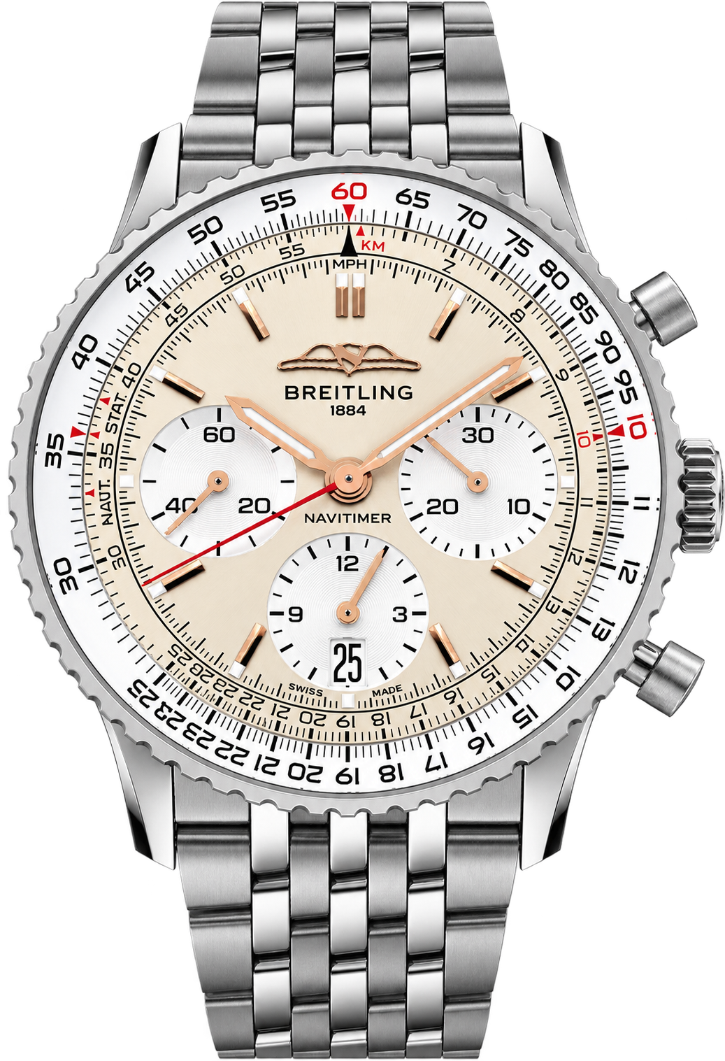 Breitling Navitimer B01 Chronograph features an elegant champagne-tone dial, three chronograph subdials, rose-gold-tone accents, signature circular slide-rule bezel, and stainless-steel bracelet.