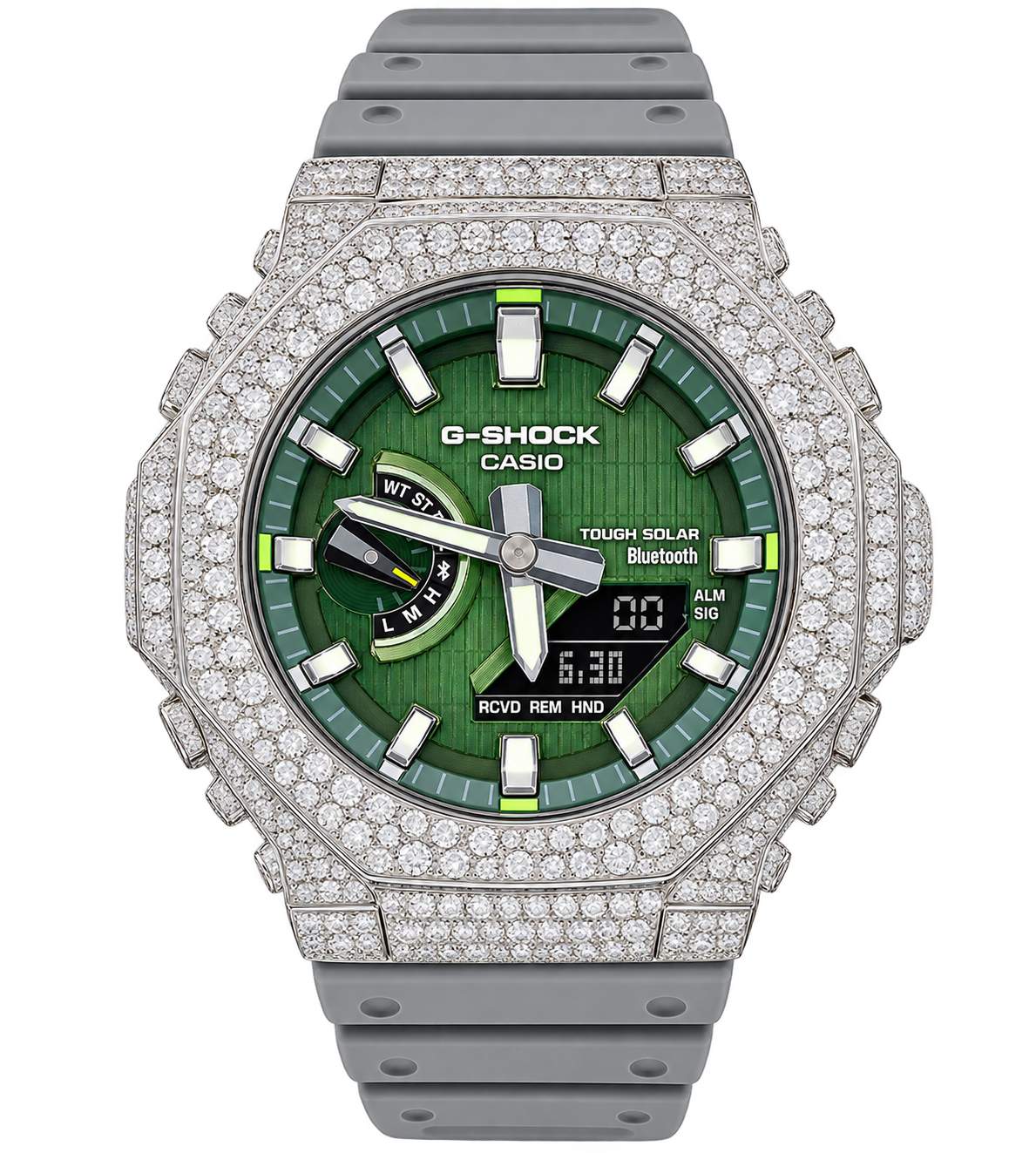 Casio G-Shock GM2100 8.20ctw Natural Diamond Mosaic Set Watch (Green Dial / Grey Strap)