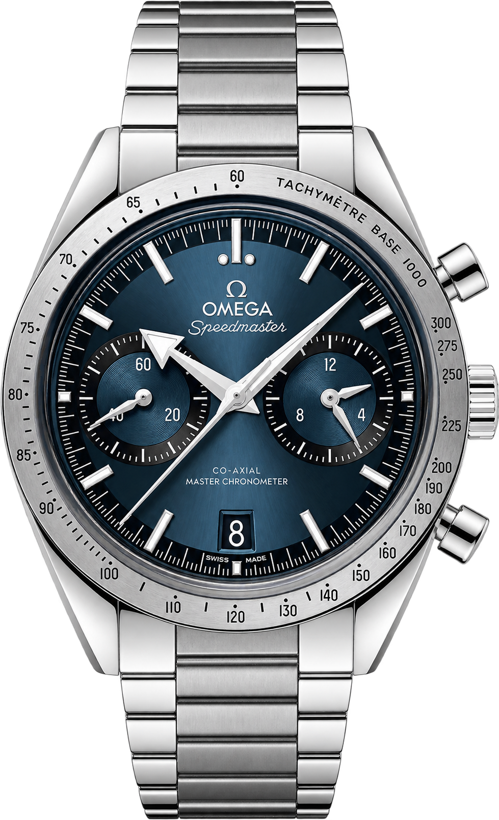 Omega Speedmaster ’57 features a sophisticated blue dial with two chronograph subdials, stainless-steel tachymeter bezel, date display at 6 o’clock, and matching steel bracelet.