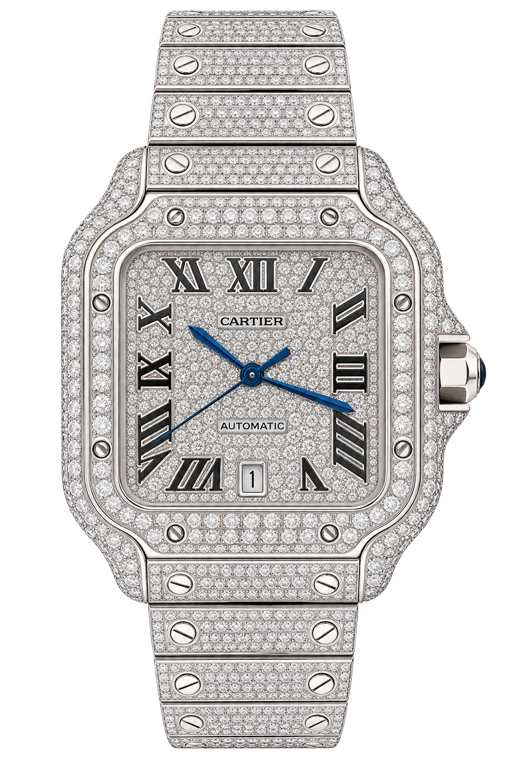 Cartier Santos featuring an extensive pavé-style diamond setting across the dial, bezel, case, and bracelet.