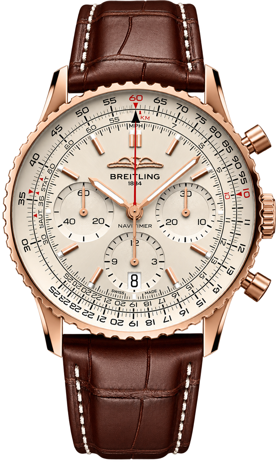 Breitling Navitimer B01 Chronograph features a luxurious 18K red-gold case, silver/cream dial, three chronograph subdials, and the iconic circular slide-rule bezel.