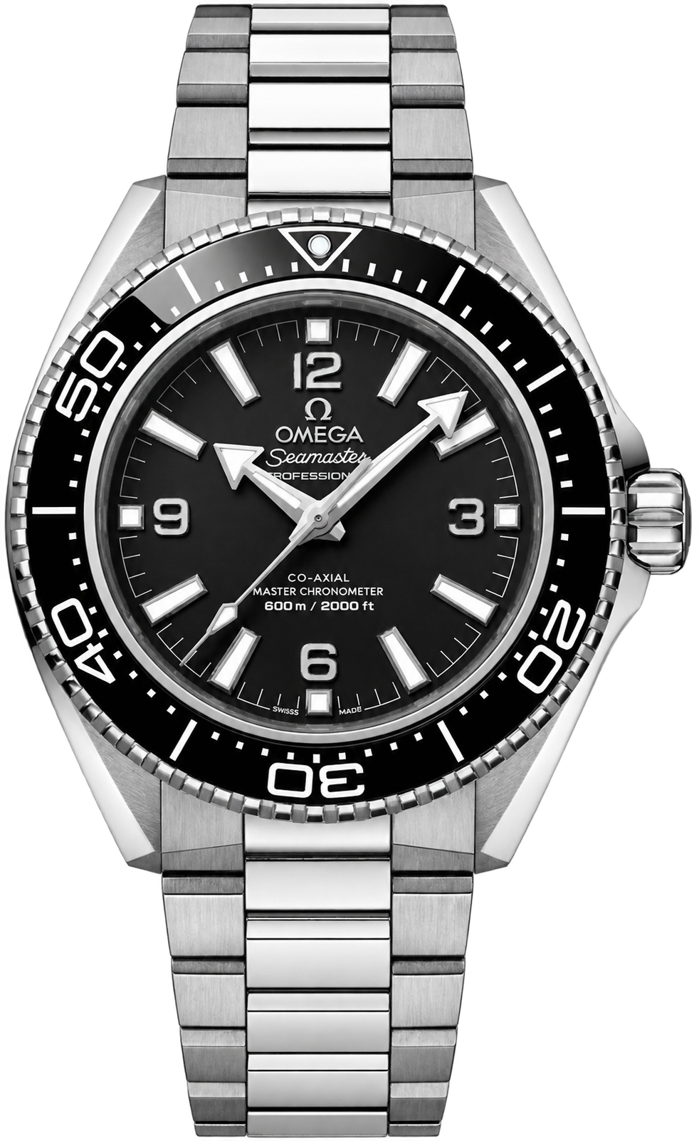 Omega Seamaster Planet Ocean 600M features a bold black dial, black diving bezel, luminous hour markers and hands, and a stainless-steel case and bracelet.